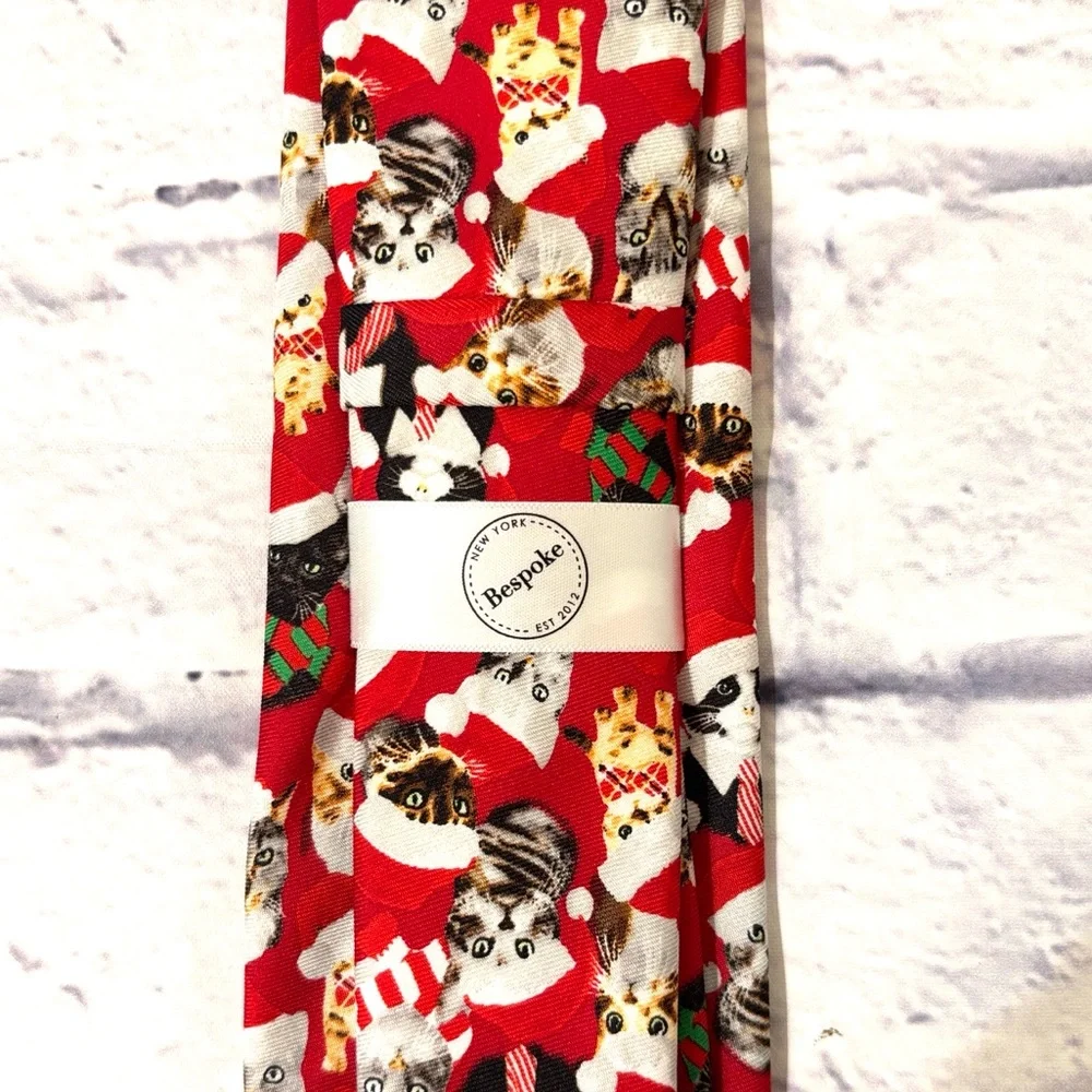 Bespoke Christmas Cats Holiday Tie Red Tie with Kitties Wearing Santa Hats NWT